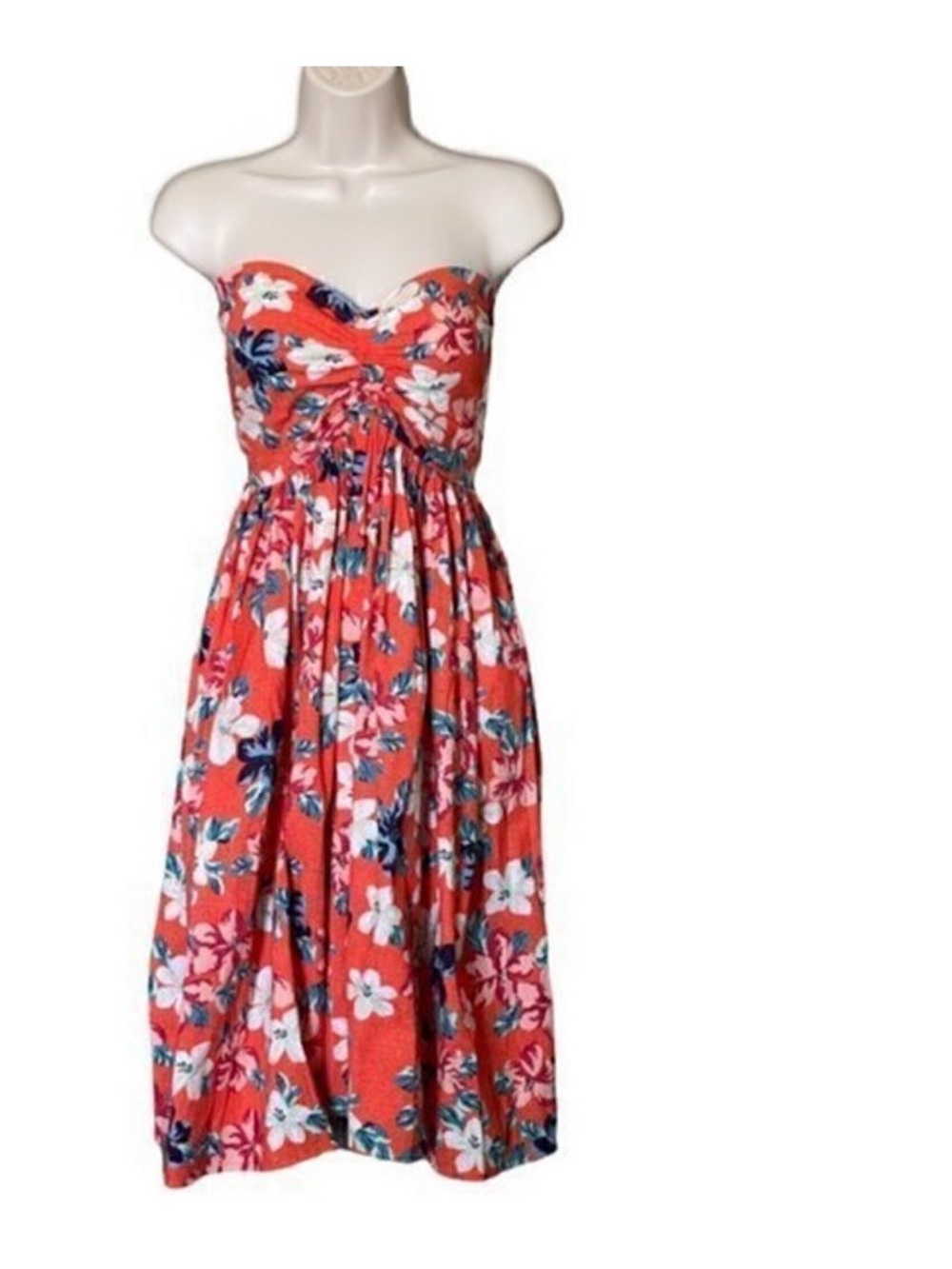Strapless Tiki Bernie Dexter Sexy Red Hawaiian Hibiscus Floral Fit Flare Small